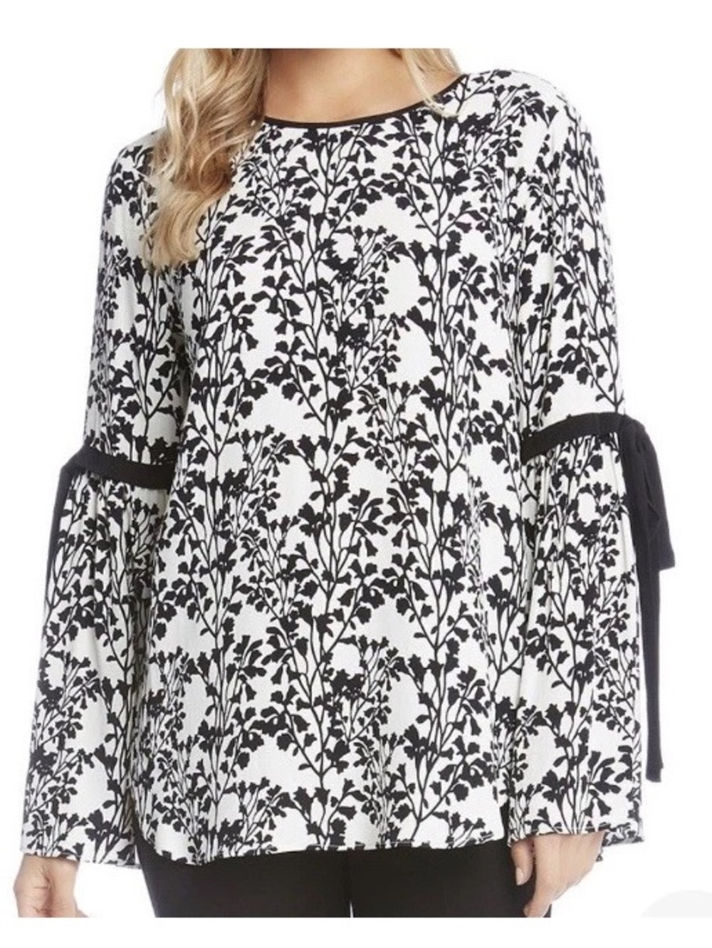 Karen Kane S Black Ivory Botanical Print Bell Sleeve Blouse Arm Ties Boho Chic.